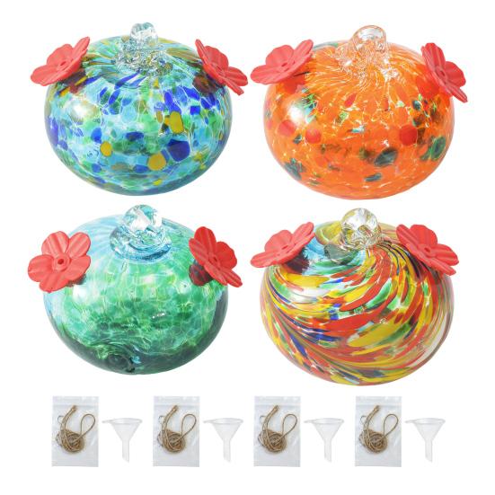 Stained Glass Hummingbird Feeder Droplet Shaped Hanging Birds Feeder Hummingbird Feeder with 2 Flower Feeding Ports for Outside Garden Courtyard