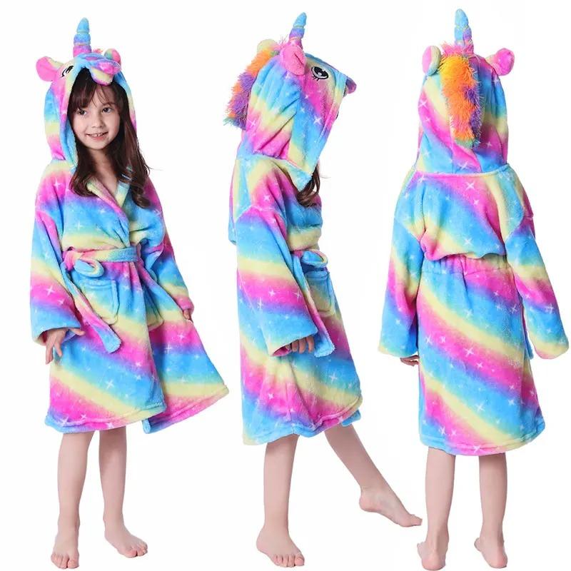 Children Bathrobe for Girls Kigurum Unicorn Pyjamas Kids Colar Fleece Boys Bathrobes Nightgown Baby Sleepwear Hooded Bath Robe