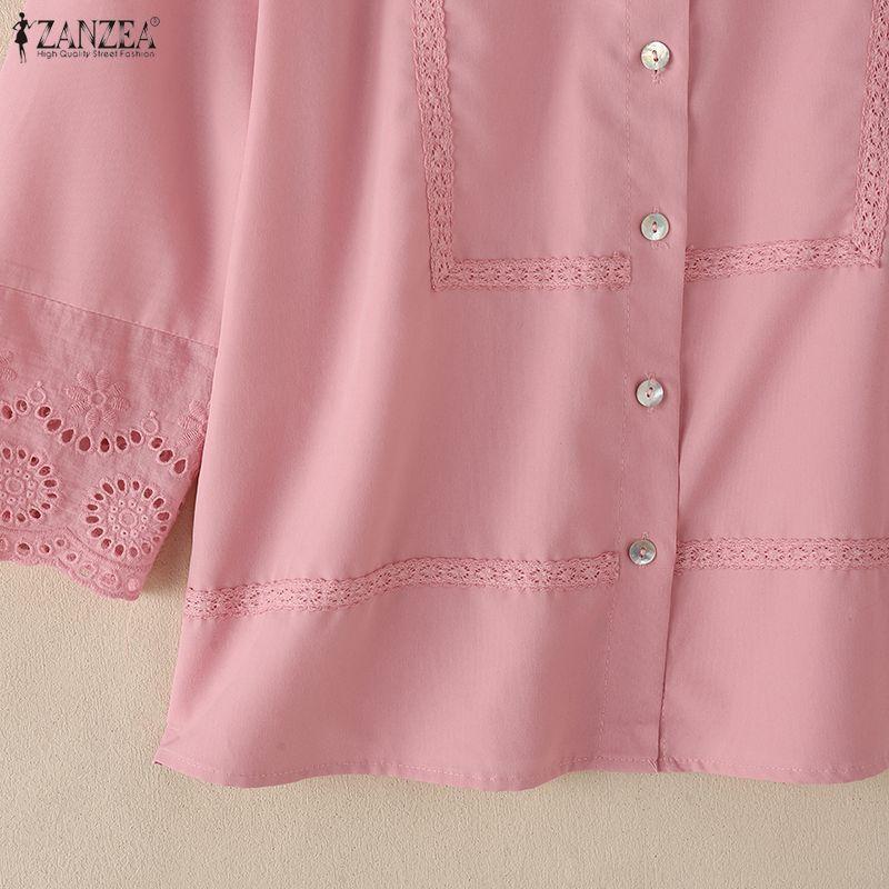 ZANZEA Women Casual Turn Down Collar Loose 3/4 Sleeve Splice Blouse