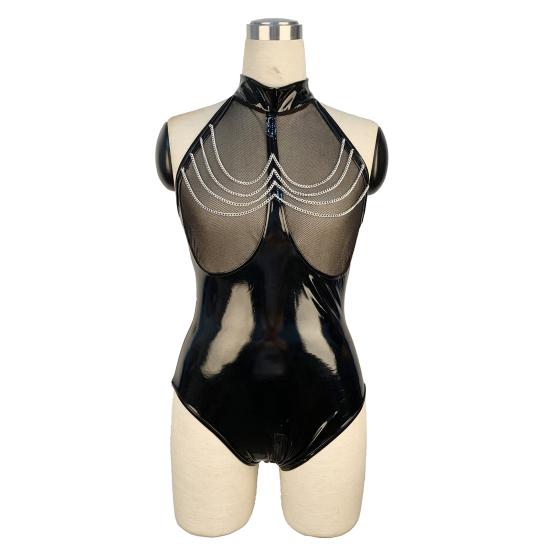 Nadměrná velikost Trendy Pohodlné ženy Umělá lesklá kůže Prsa Zip Bez rukávů Síťovaná sexy body v rozkroku