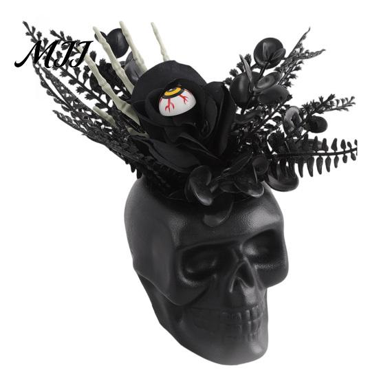 Durable Plastic Skull Spooky Figurine, Black Red Rose Creepy Eyeballs Skeleton Halloween Ornament Table Centerpiece for Tabletop, Desk, Mantel, Shelf,