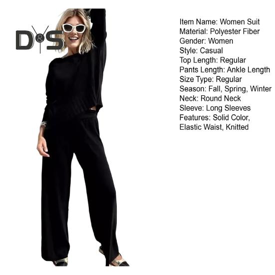 2 шт./комплект женский топ брюки костюм круглый вырез длинный рукав трикотажный — фото 13