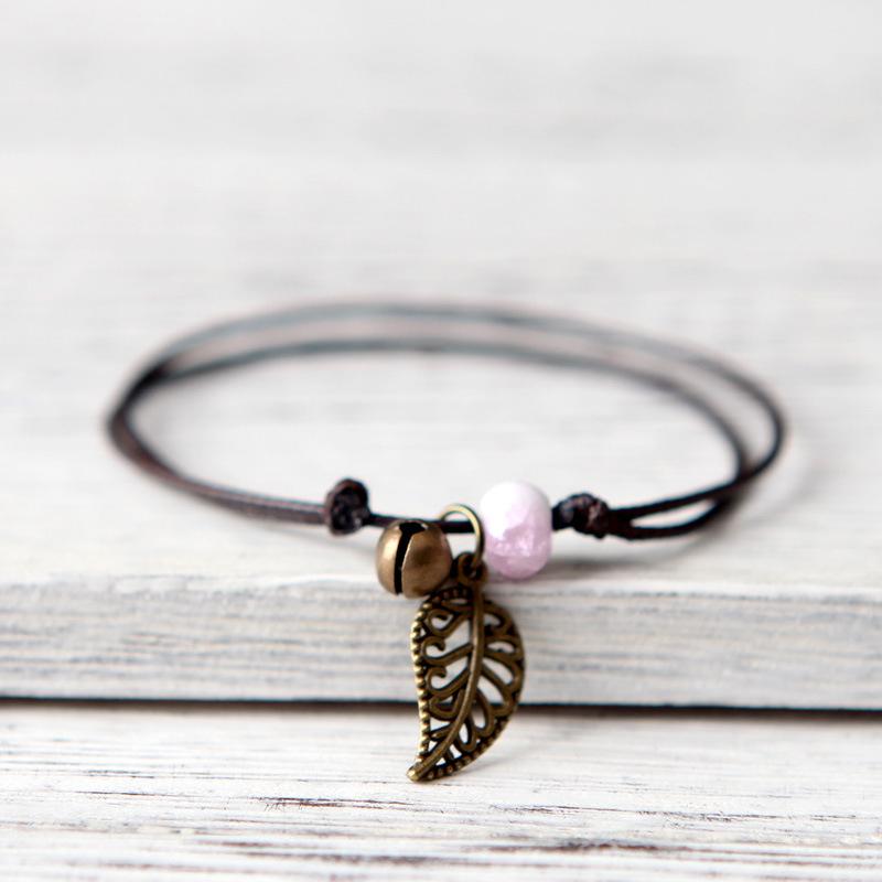 Ethnic Style Anklet For Women Vintage Bronze Leaf & Bell With Colorful Ceramic Bead Pendant On Leather Rope