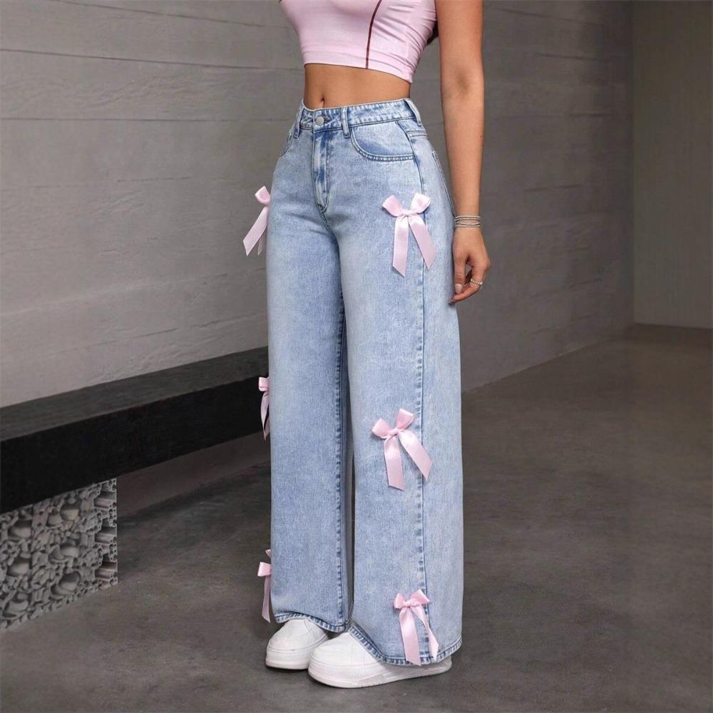 Women's High Rise Wide Leg Jeans Loose Non Stretch Light Wash Denim Trousers Y2K Pink Bow Decor Straight Floor Length Streetwear Casual Long Pants