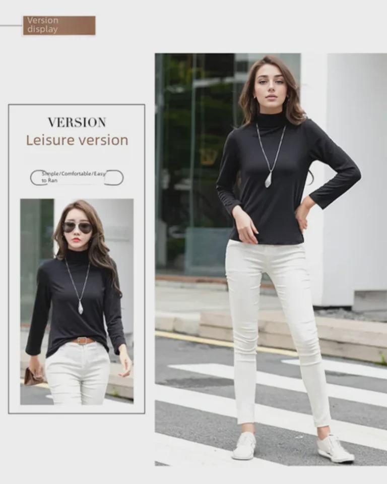 Women's Black Milk Silk Long Sleeve Half Turtleneck T-Shirt with Plus Velvet, All-Season, 2025 New Style