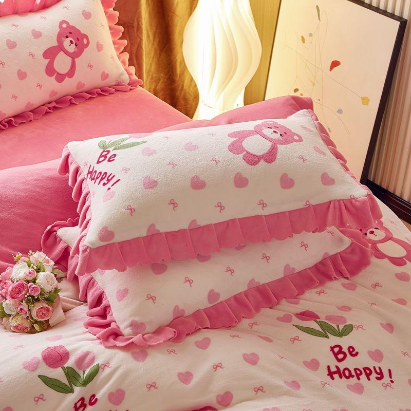 Winter Milk Velvet Pillowcase Thickened Pair Set 48x74 Student Dormitory Lace Printed Female Pillowcase