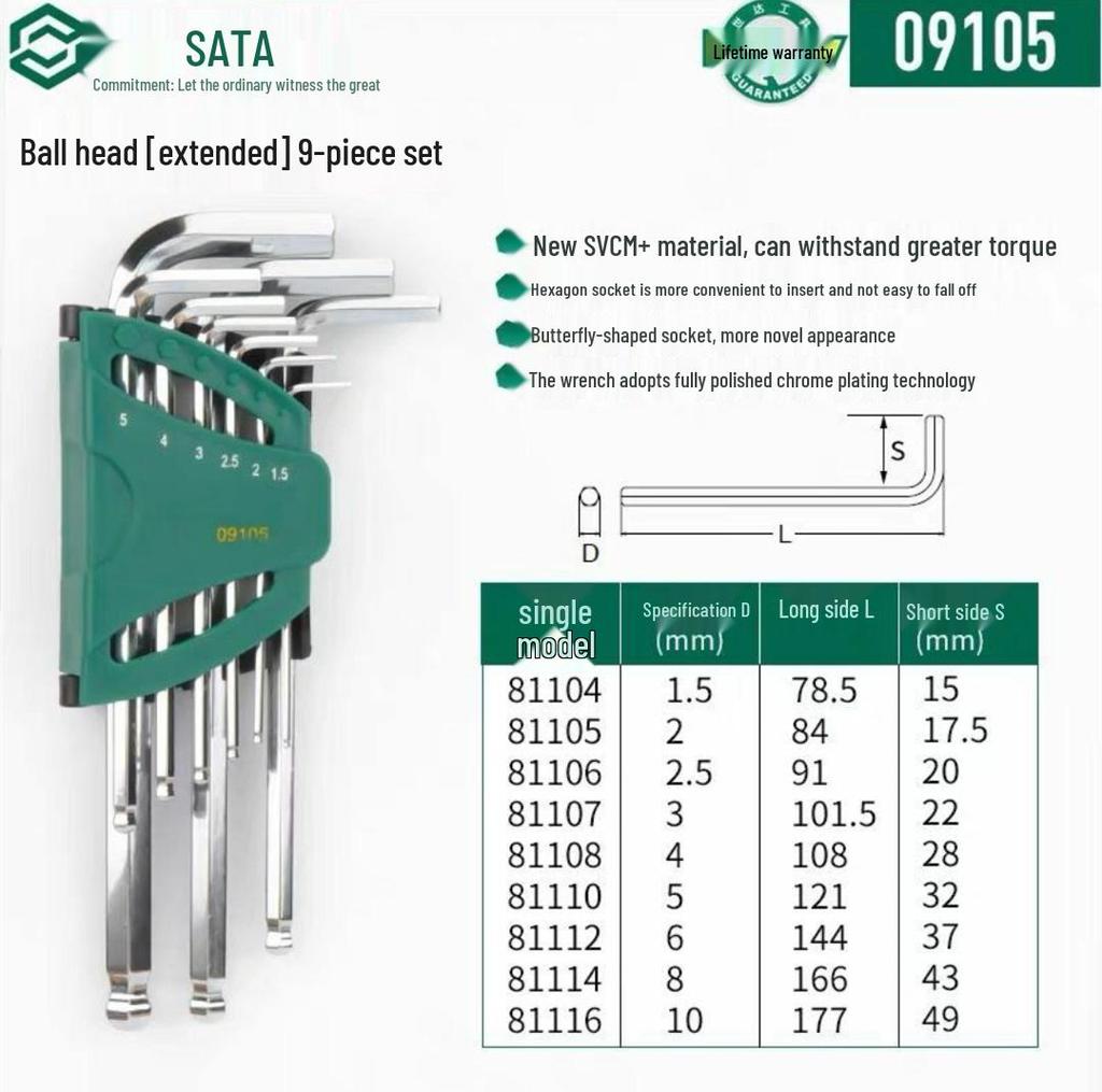 Hex Wrench Set - Mini, Extra Long, Ball & Flat Head, Available in 7, 8, 9, 10, 14 Pieces (Model 09105)