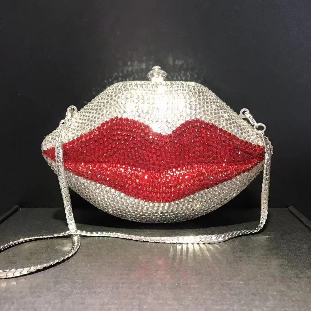 

Luxury Black/Red Diamond Mouth Shape Evening Bag Purse Women Minaudiere Party Clutch WHTUOHENG Lady Crystal Dinner Handbags 16cmX10cmX6cm
