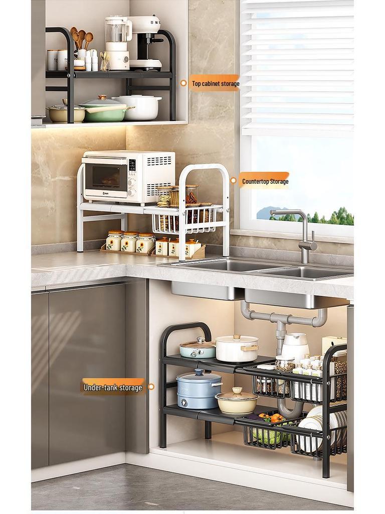 Rozšiřitelný kuchyňský úložný regál: Podumyvadlová police na organizér na nádobí