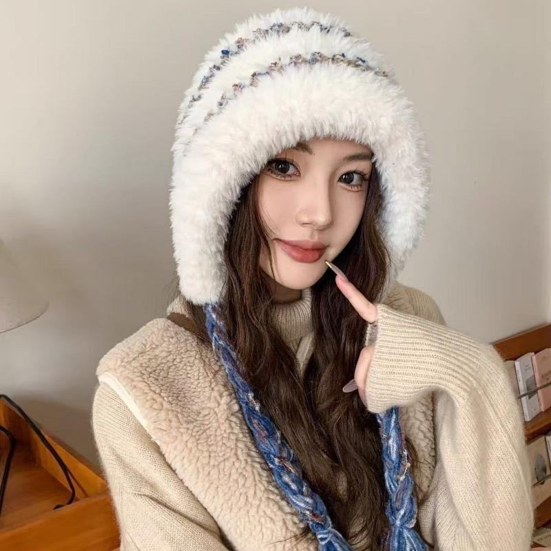 Winter new warm ear protection color rope plush hat women's plush thickened cycling pullover hat versatile windproof knitted wool