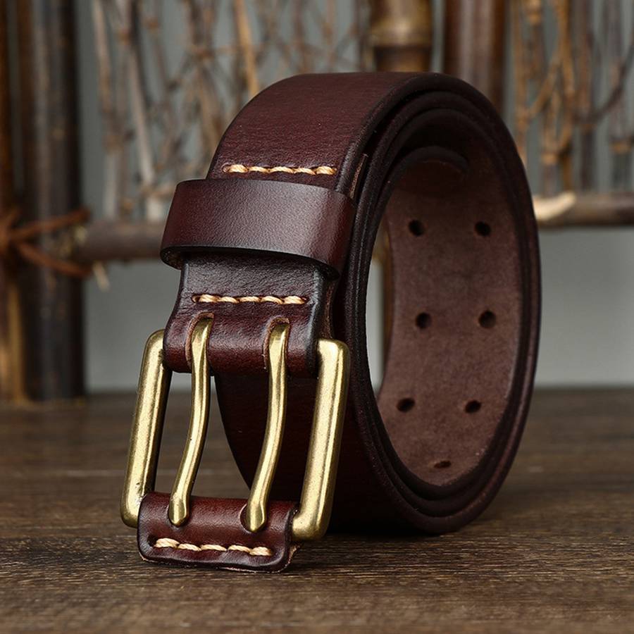 Men's Leather Double Needle Buckle Classic Tow Row Hole Jeans Belt Cowboy Hollowed Out Waistband Width:3.8cm Length:105-125cm