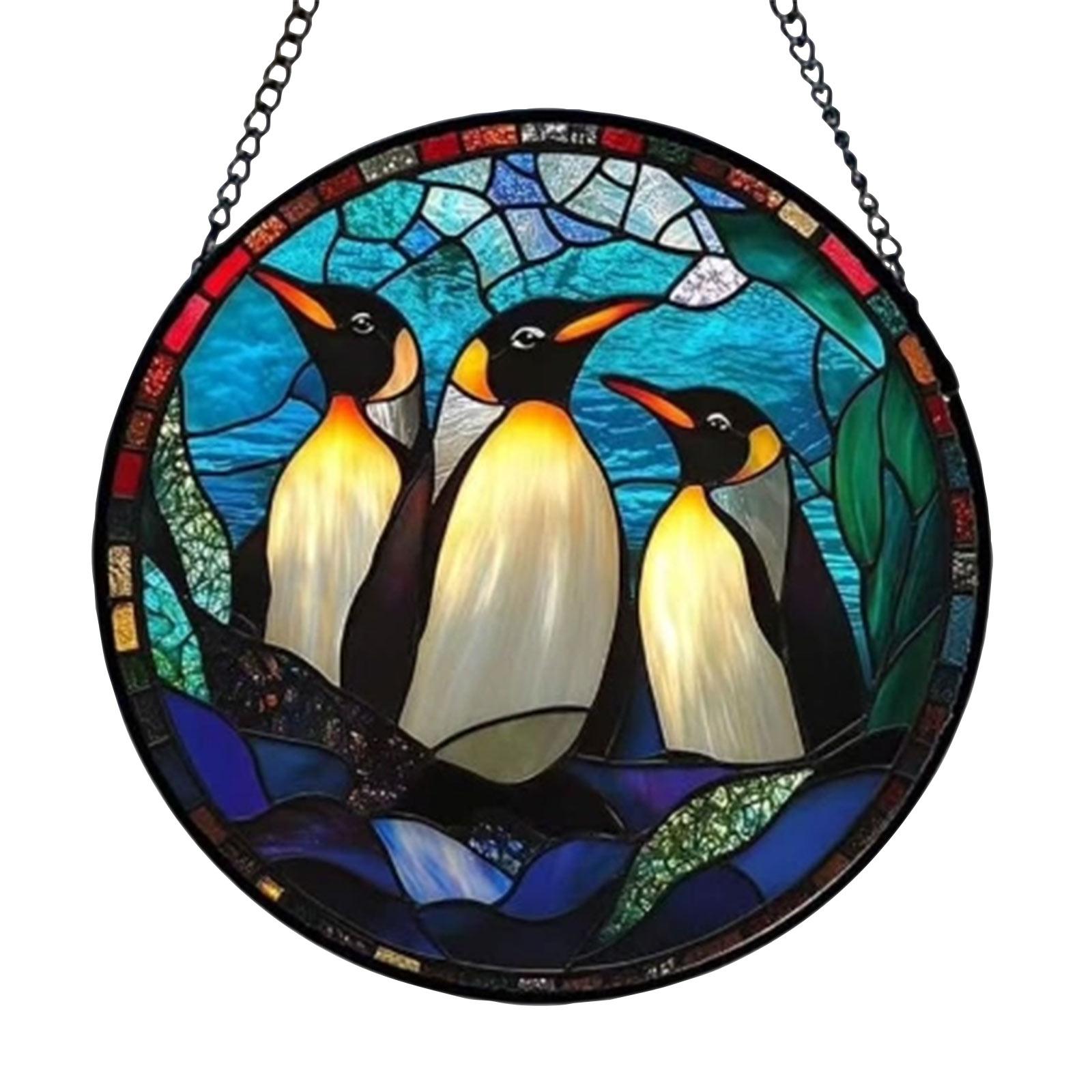 

Round Stained Glass Window Hanging Panel with Penguin Design for Garden Kitchen Sunroom Home Decoration with Chain One Size