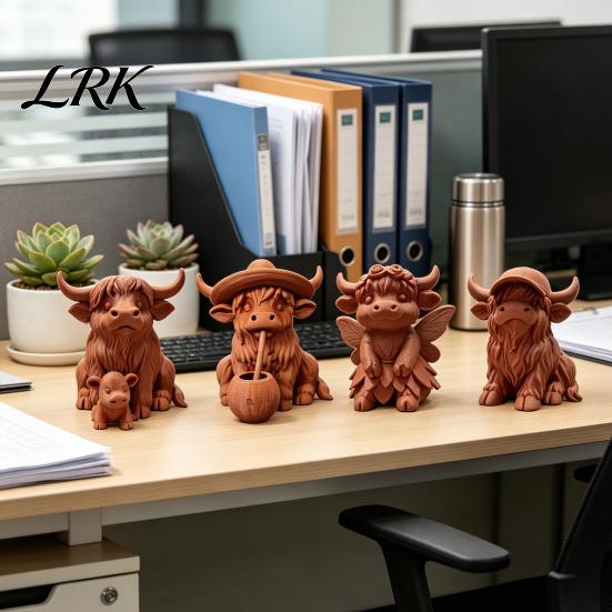 Cute Animal Figurine Rustic Highland Cow Ornament, Terracotta Color 3D Printed Statue, Desktop Decoration for Home Desk Shelf Farmhouse Decor