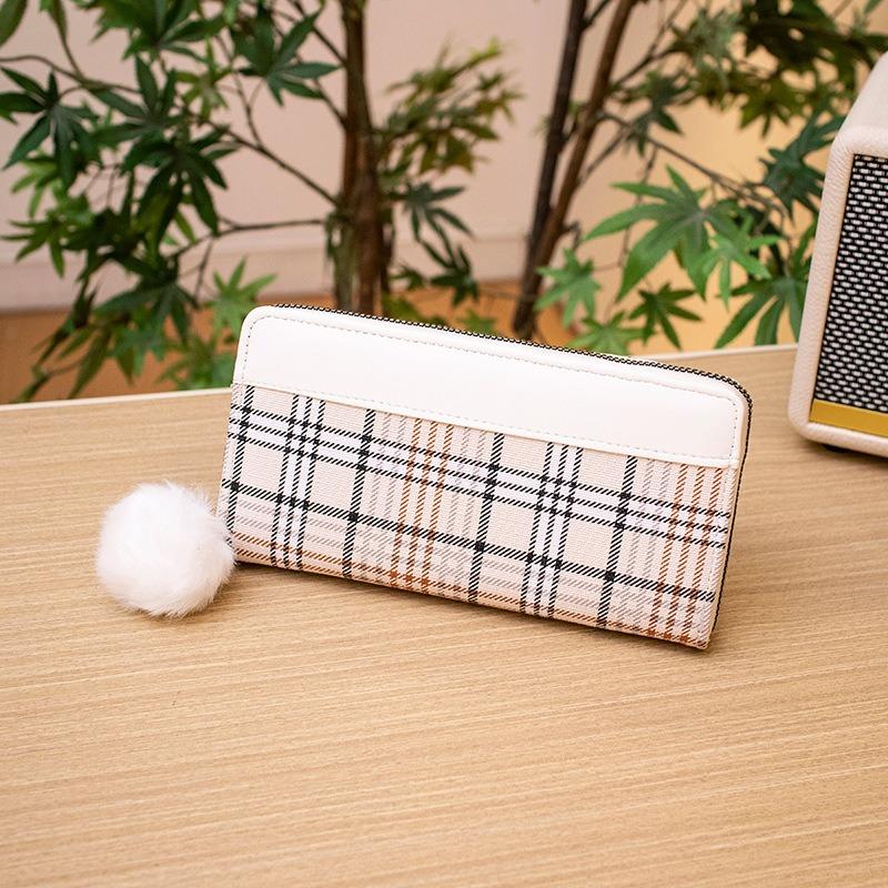 Women's Long Wallet Autumn and Winter New White Plaid Clutch Bag Color Scheme Single Hair Ball Change Bag One Piece Hair