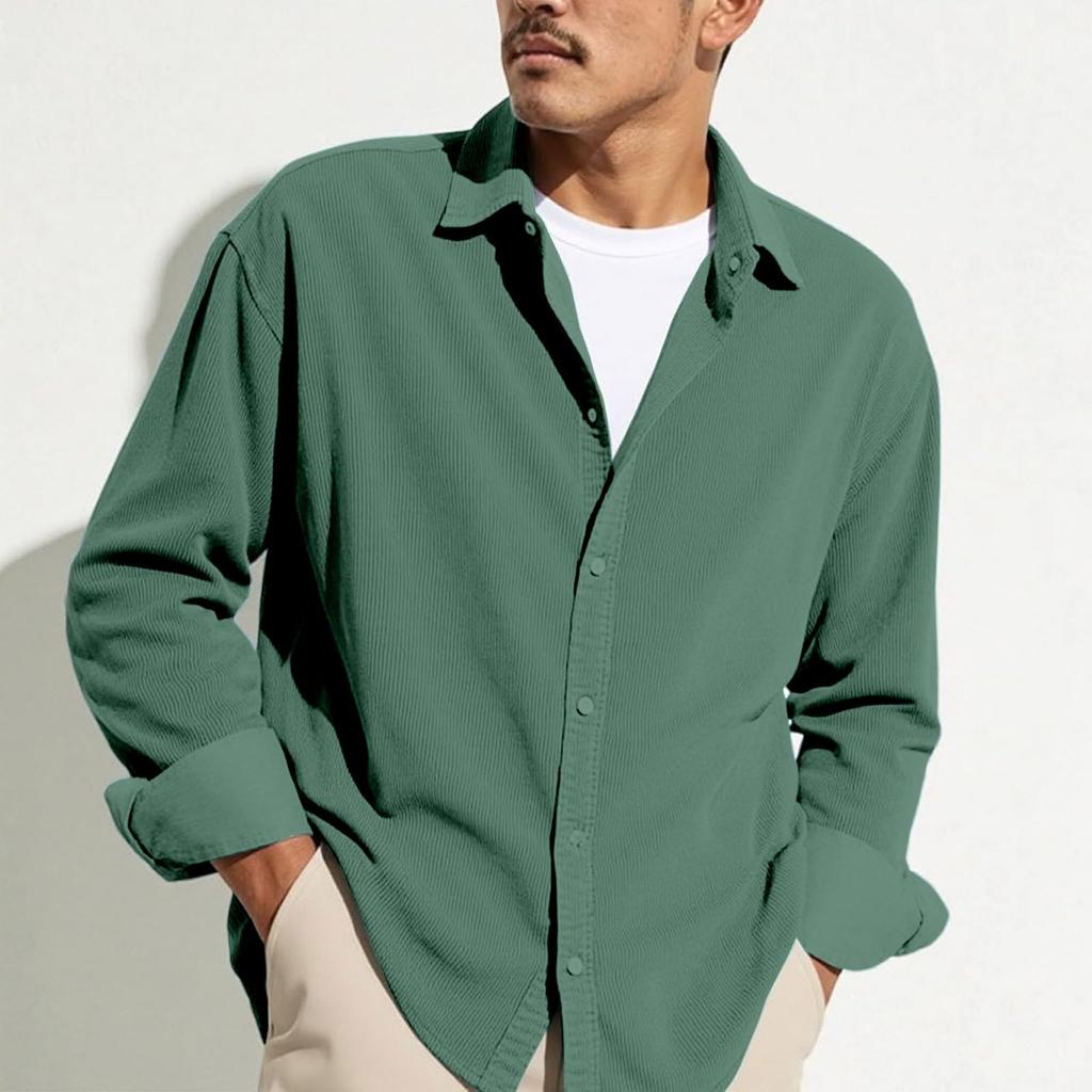 Men's Casual -color Lightweight Breathable Corduroy Button-down Shirt - Men's Stylish Loose-fitting Long-sleeved Shirt