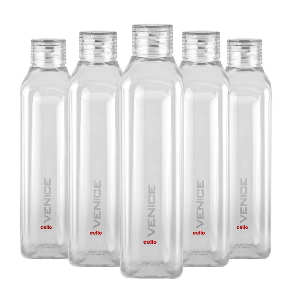 CELLO BPA-Free Plastic Water Bottles Set Of 5 Leak Proof 1 Litre Wide Mouth For Gym Office Travel Lightweight Durable & Space Saving