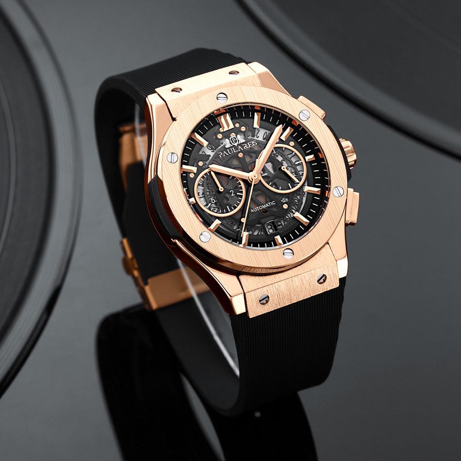 Paulareis Rubber Strap Multifunctional Running Seconds Chronograph Rose Gold Quartz Men's Watch