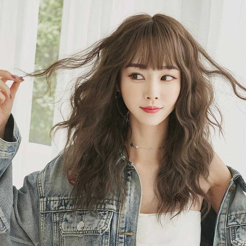 Peruci ondulate lungi și pufoase naturale japoneze și coreene cu breton pentru femei - Cap complet