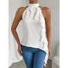 Top da donna con collo alto senza maniche allacciato al collo vestibilità aderente elegante tinta unita con balze in chiffon camicetta