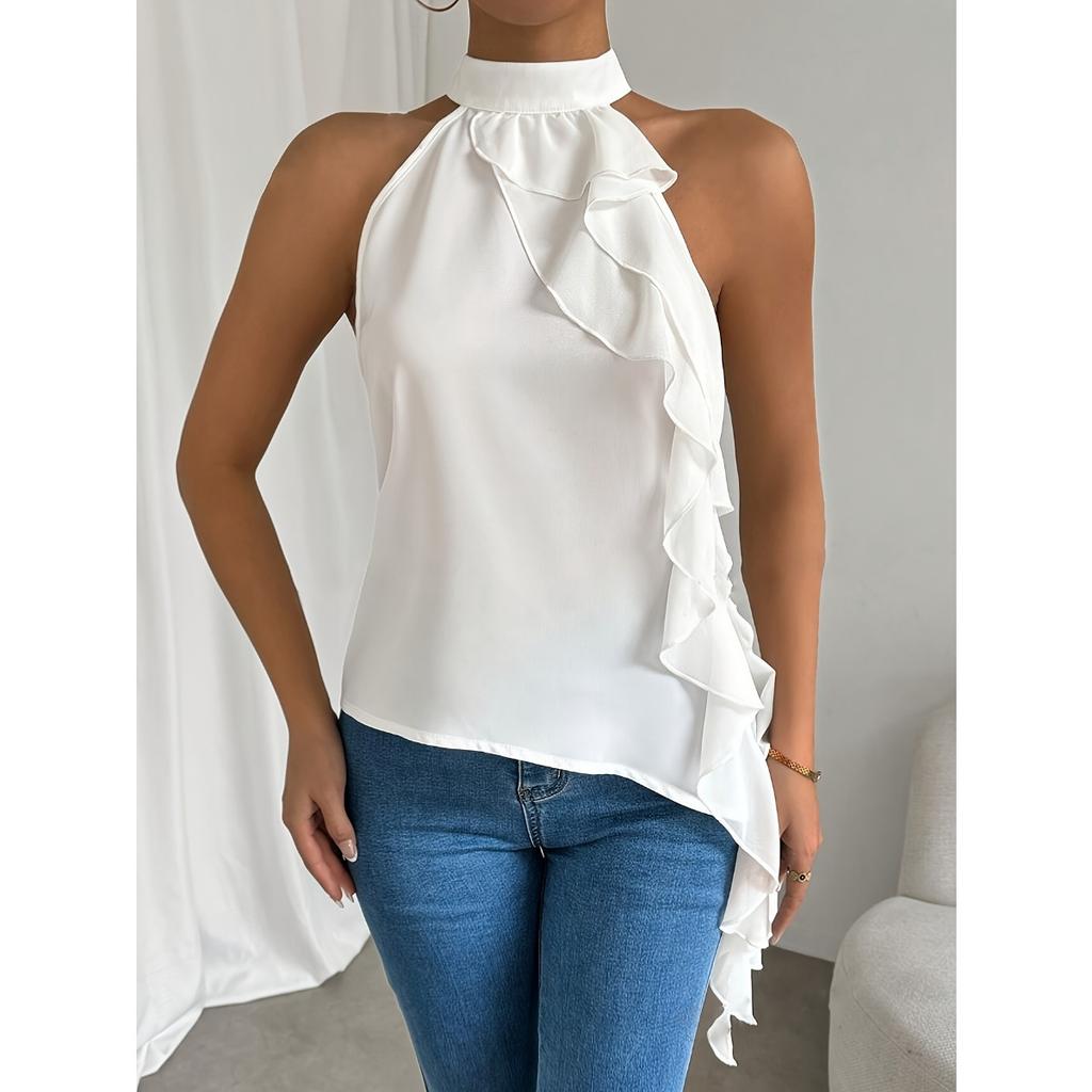 Top da donna con collo alto senza maniche allacciato al collo vestibilità aderente elegante tinta unita con balze in chiffon camicetta