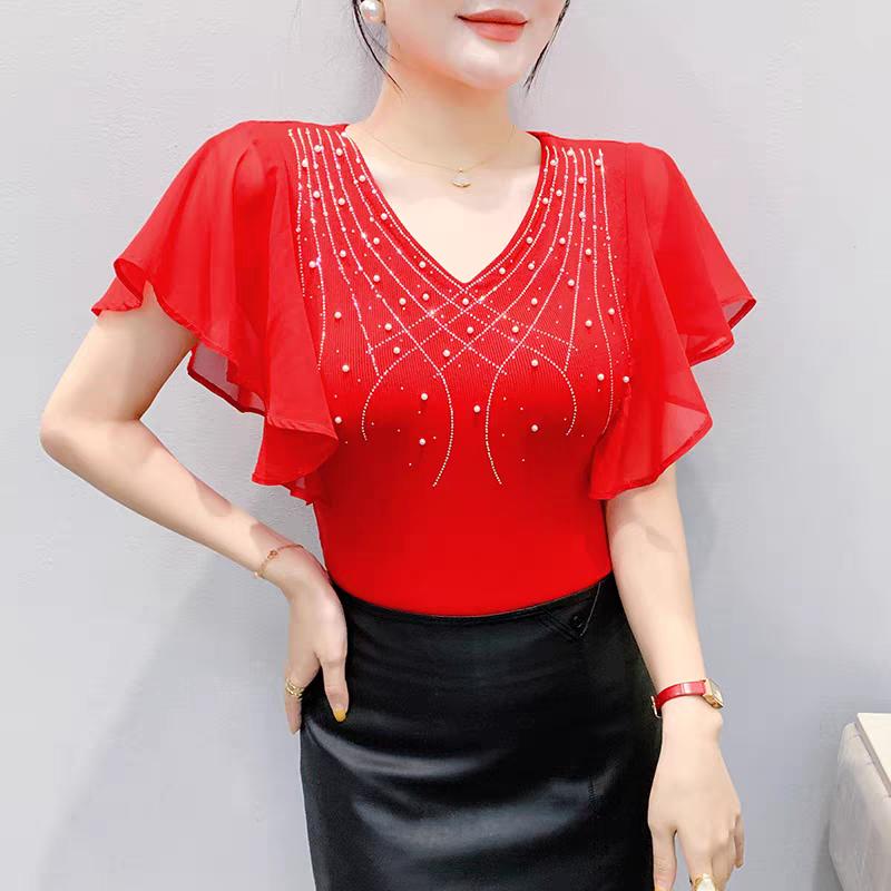 Summer European Women T-Shirt Clothes Sexy V-neck Luxury Hot Diamonds Tops Chic Female Short Sleeve All Match Tees