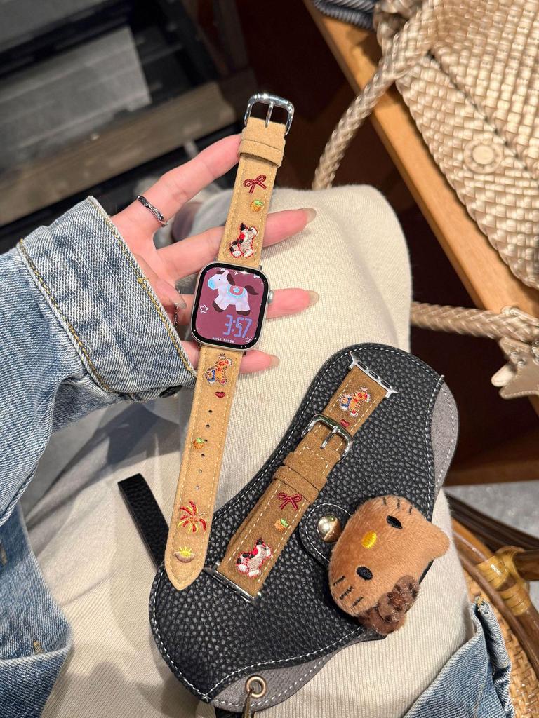 New Year Small Horse Embroidery Velvet Leather Strap for Apple Watch Series 11 10/9/8 Ultra SE