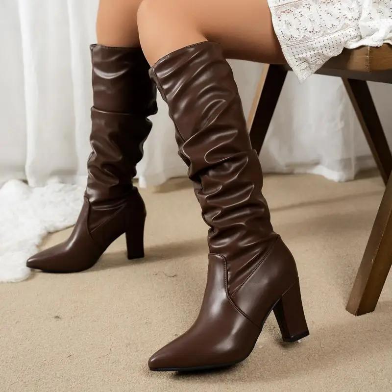 Fashion Retro Solid Brown Pu Knee-High Boots Women 2025 Winter Pointed Toe High Heel Western Cowboy Boots Slip On Long Booties Plus Size