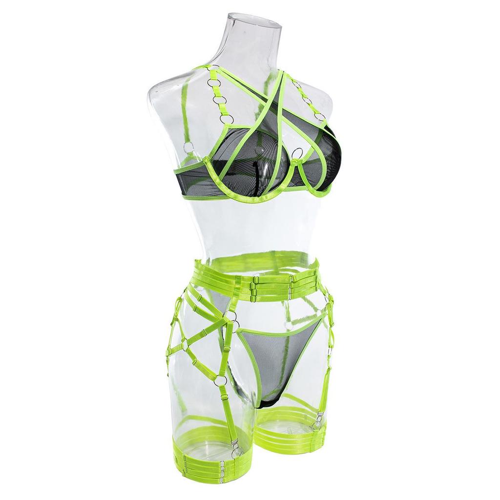 European & American Mesh Strappy Underwire Push-up Lingerie Set with Metal Ring & Bandage Waist Cincher