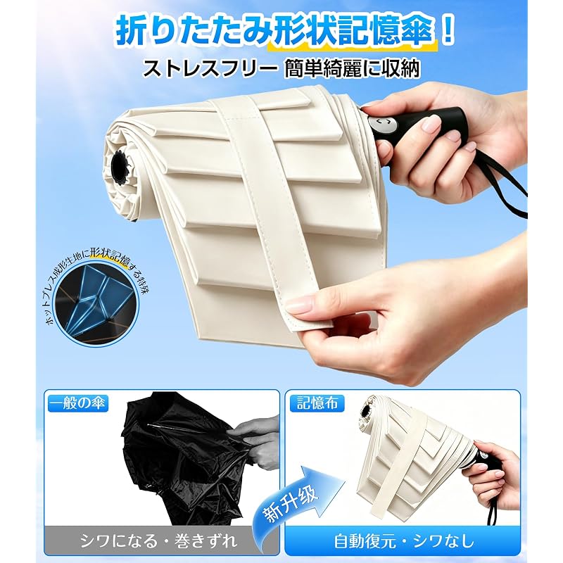 Parasol [Shape Memory - 8 Ribs - JIS Certified - 100% UV Cut - Complete Sun Protection] Foldable, Suitable for Sunny and Rainy Days, One-Touch