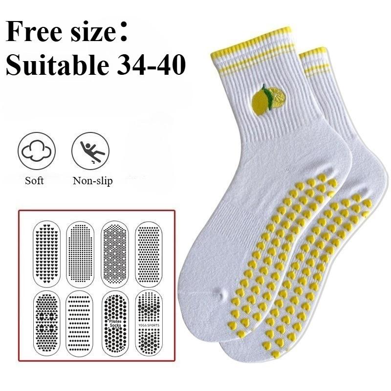 Non-Slip Professional Yoga Pilates Socks Women Fruit Embroidery Mid-Calf Sports Socks Customizable