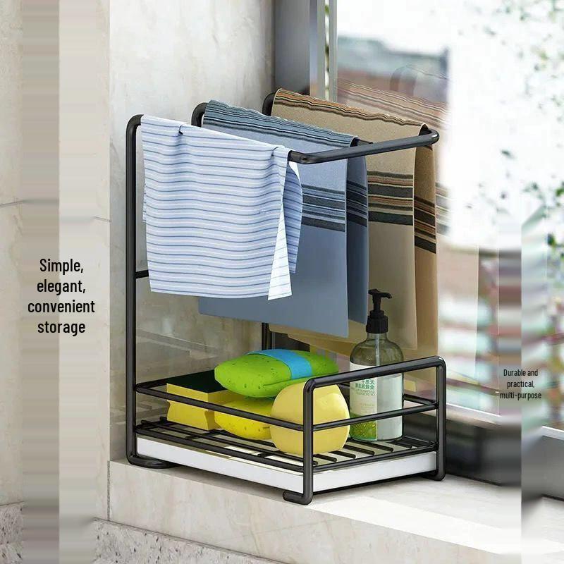 No-Drill Wall-Mounted Towel and Sponge Drying Rack with Multi-Functional Kitchen Storage