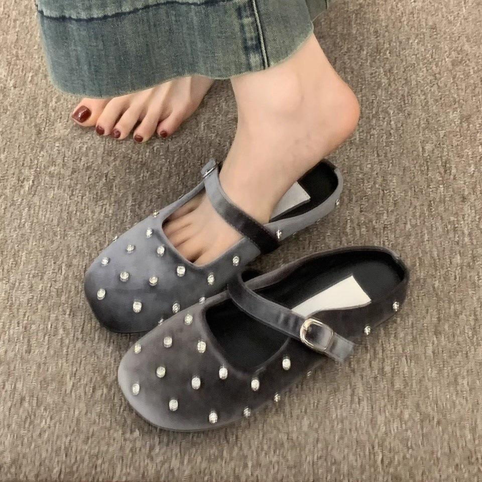 Baotou half slippers women's summer wear rhinestones gentle ballet flat Mary Jane single shoes