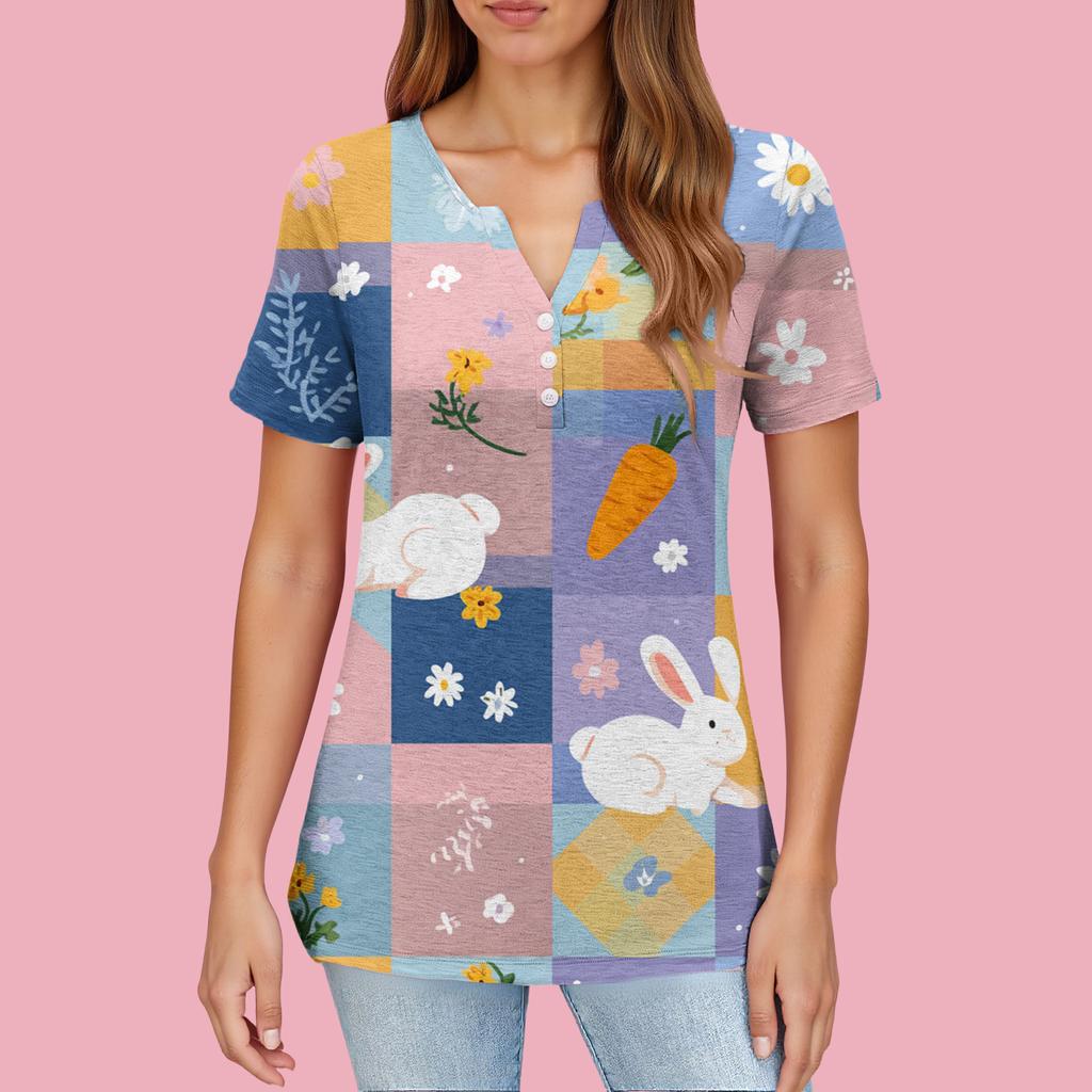 Women's T Shirt Print Button Short Sleeve Daily Weekend Fashion Basic V- Neck Regular Top
