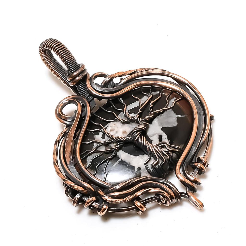 Mud Crack Fossil Pendant, 999 Copper Wire Wrapped Gemstone Jewelry, Handmade Tree Of Life Pendant, For Thanksgiving