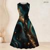 Women Plus Size Two Piece Set Printed Sleeveless Tie Waist Flared Dress And 3 4 Sleeve Open Cardigan