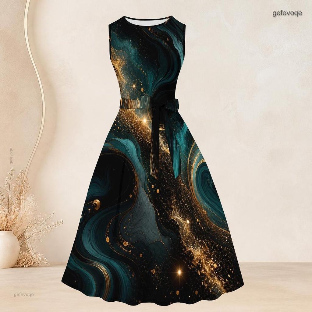 Women Plus Size Two Piece Set Printed Sleeveless Tie Waist Flared Dress And 3 4 Sleeve Open Cardigan