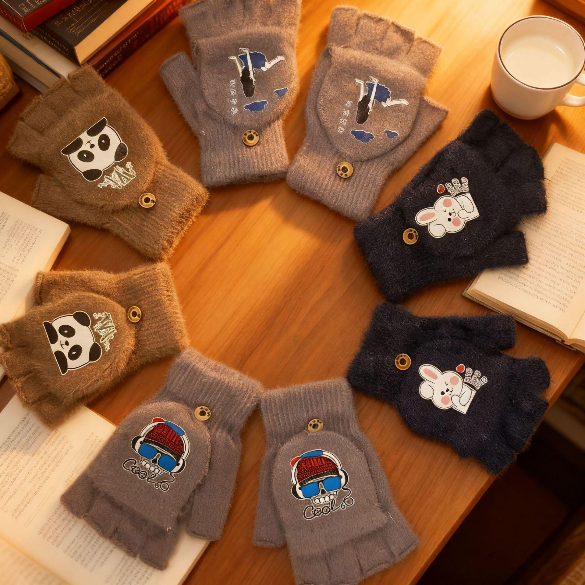 

Скидка для новичков: Детские варежки без пальцев с откидным верхом, с мультяшным рисунком - Утепленные, теплые вязаные для мальчиков и девочек