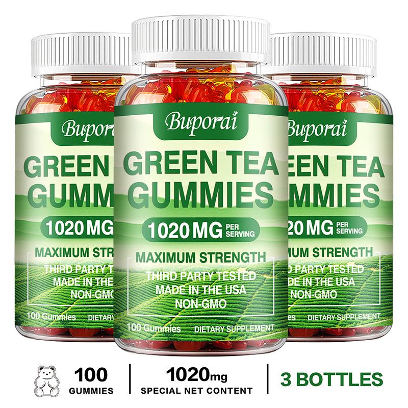 Green tea gummies; 1,020 mg per serving; contains Garcinia Cambogia, raspberry ketone, and coffee bean extract; promotes digestion.