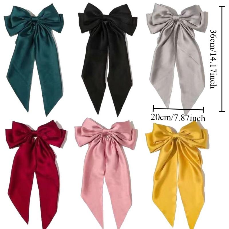 Oversized Satin Bow Hair Clip with Long Ribbon Elegant Solid Color Hairpin for Women Girls Party Daily Hairstyling