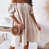 Spring Summer Women's Casual Off-Shoulder Dress with Ruching, Bubble Sleeves, Midi-Length, Stretchy, Elegant Ruffles