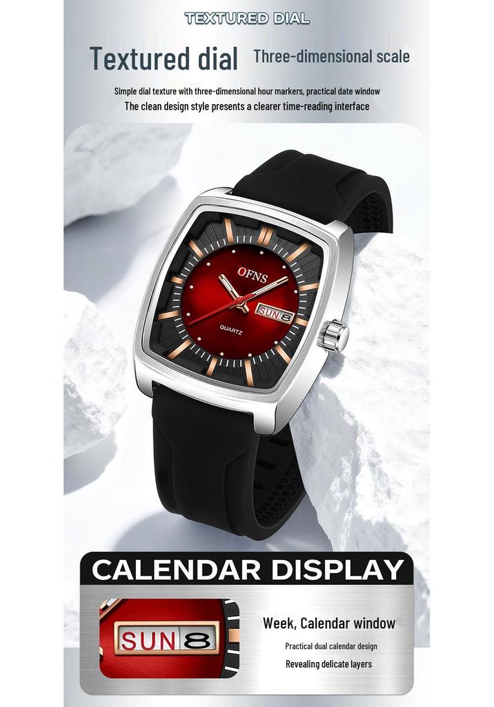 OFNS Men's Quartz Watch - Barrel-Shaped Steel, Silicone Strap, Waterproof, Luminous, Double Calendar, Trendy Casual Design