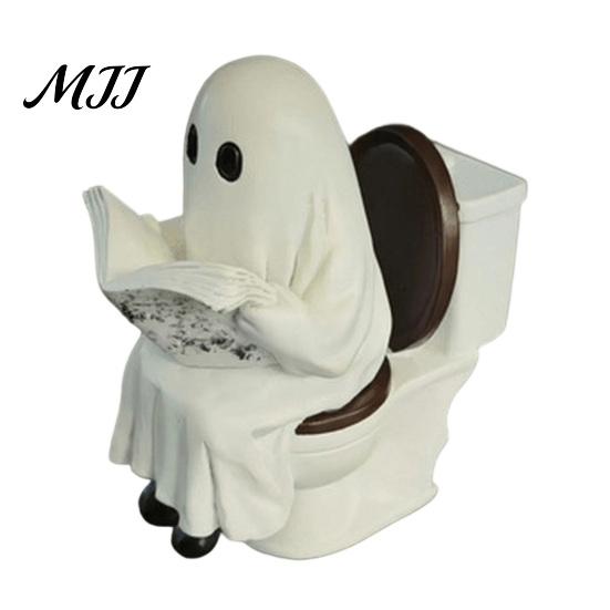 Ghost Reading on Toilet Cute Halloween Figurine, Resin Statue, Spooky Table Decor Funny Ornament for Tiered Tray Tabletop Mantel Gift
