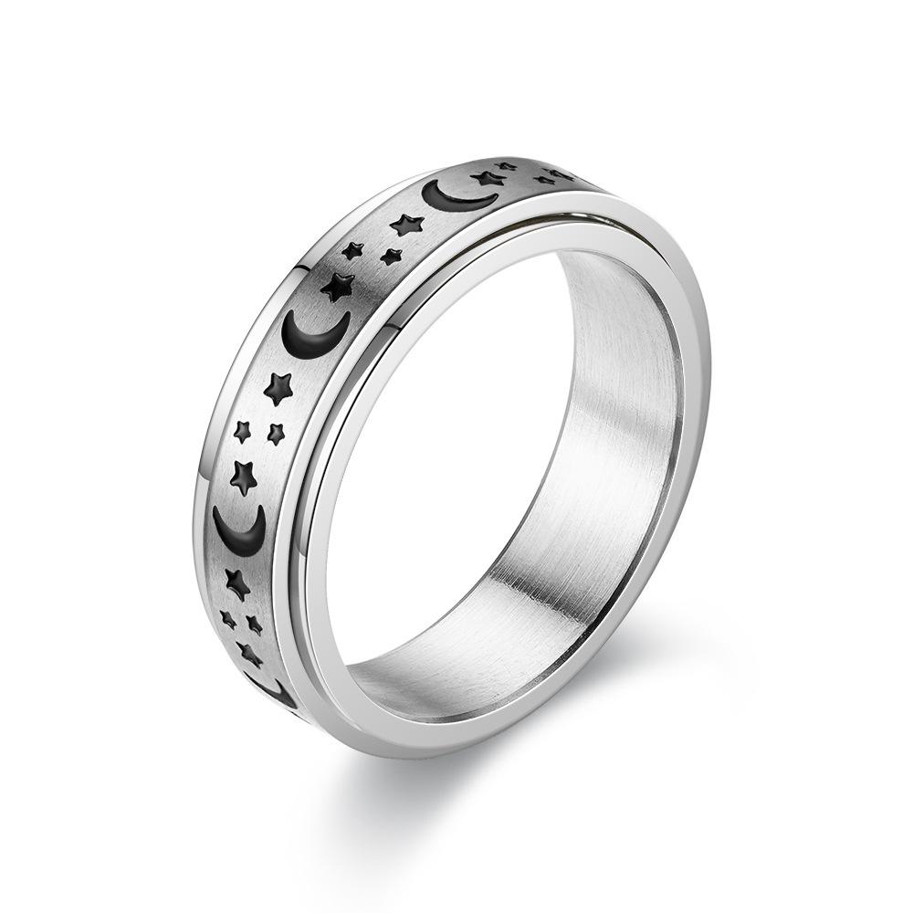 European & American Titanium Steel Moon & Star Rotating Couple Ring Set