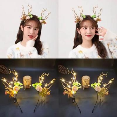 1Pcs Christmas Glowing Elk Antlers Headband Cute Hair Accessories Antlers Butterfly Hair Strap Girl Christmas Party Decor Gifts