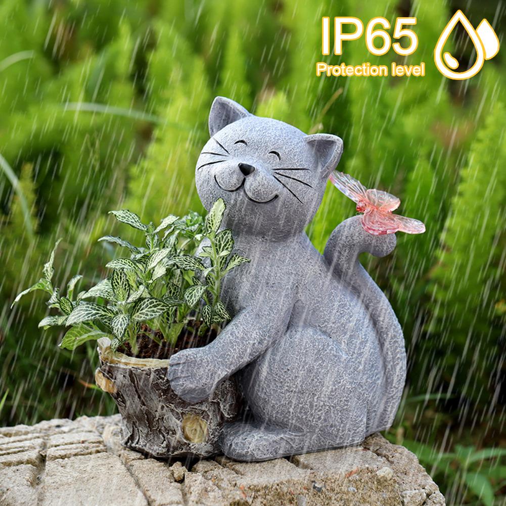 Solar Powered Decorative Animal Planter Resin Cat Butterfly Planter Statue Creative Desktop Cat Flowerpot for Cabinet Backyard