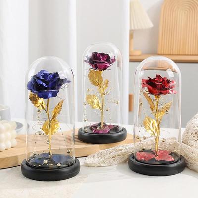 Gold Foil Rose Glass Lampshade Ornament with Gold Beads - Preserved Flower Gift for Birthday or Confession