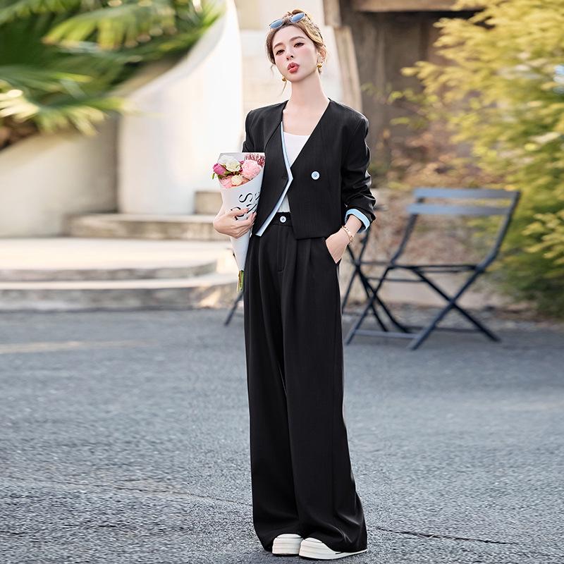 Stylish Spring 2025 Women's Patchwork V-neck Jacket & Wide-leg Pants Two-piece Set