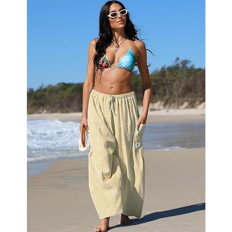 Women Plaid Wide Leg Pants High Waist Drawstring Elastic Waist Casual Loose Fit Cropped Trousers