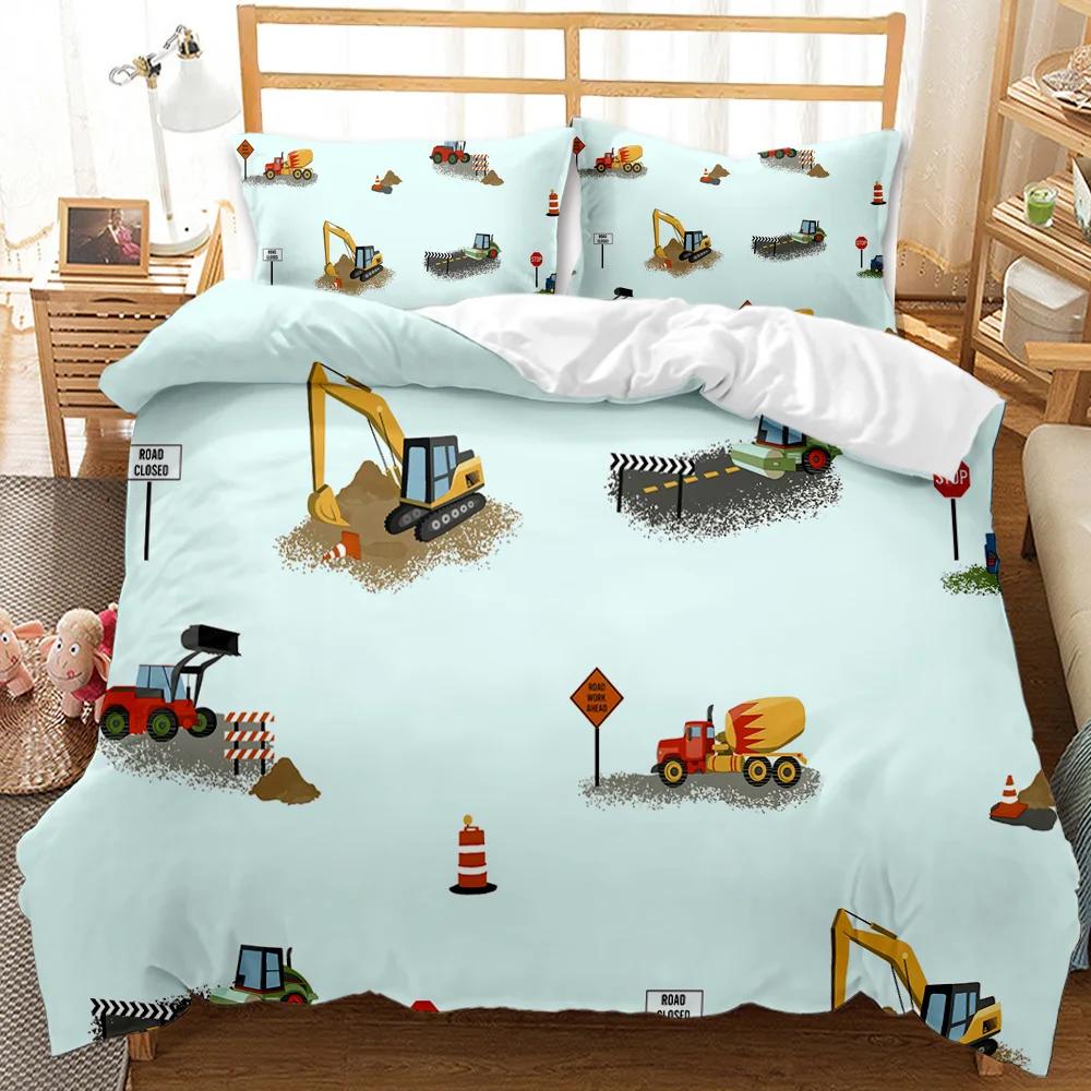 Engineering Car Duvet Cover Construction Vehicle Bedding Set Boys Excavator Dump Truck Cement Mixer Roller Polyester Qulit Cover