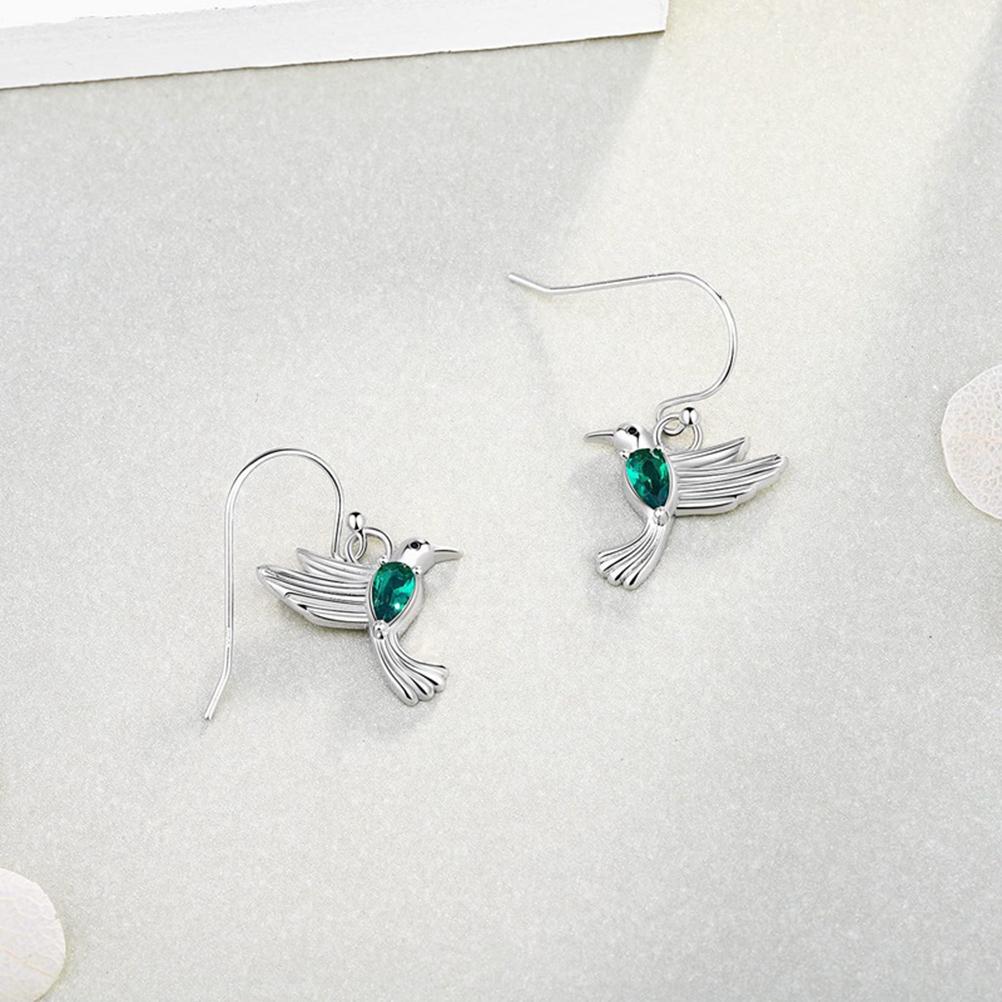 Fashion Flying Hummingbird Earrings with Green Crystal Silver Earrings Zircon Bird Earrings Jewelry Gift for Girls Women